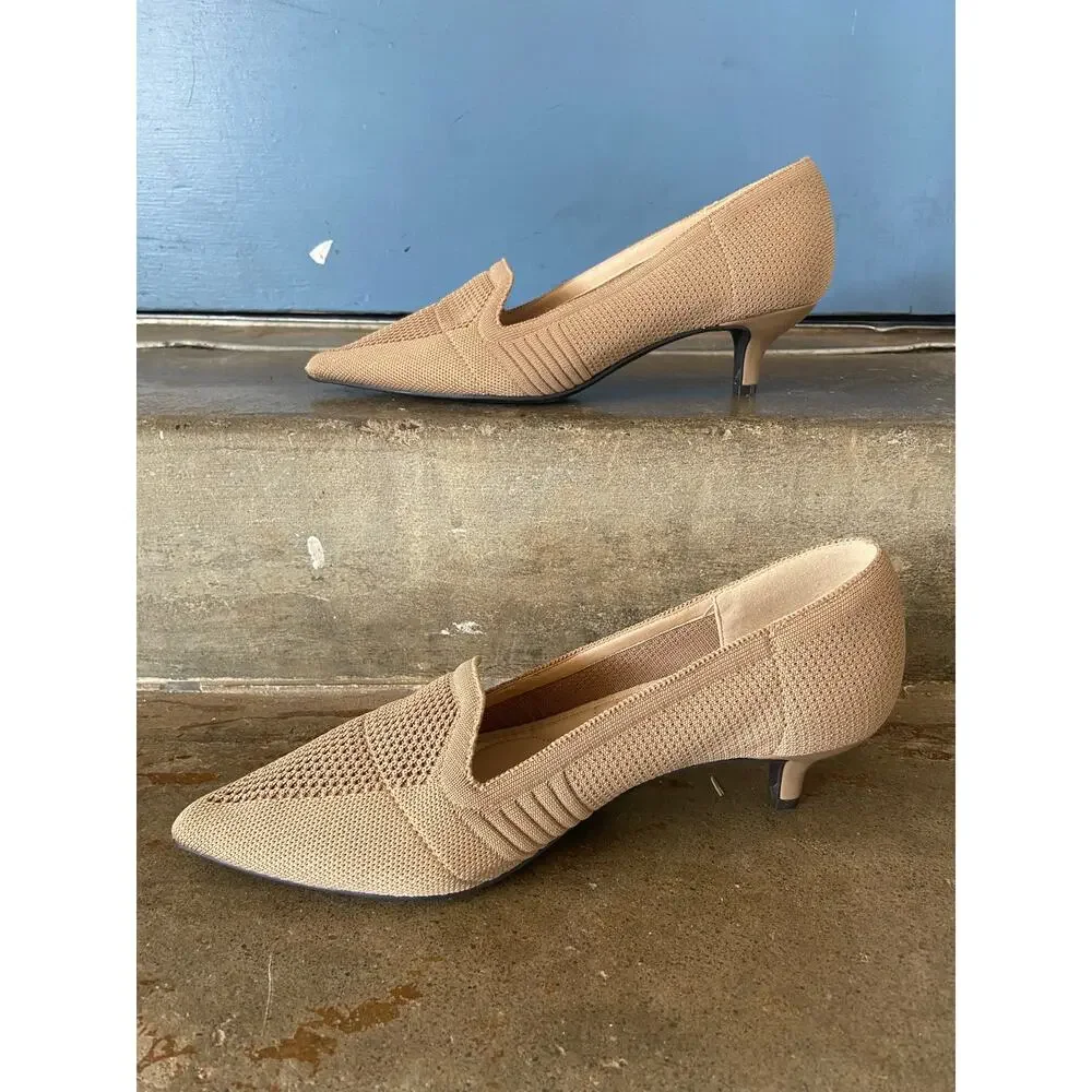Adrienne Vittadini Skippy taupe knit upper pointy toe kitten heel pump